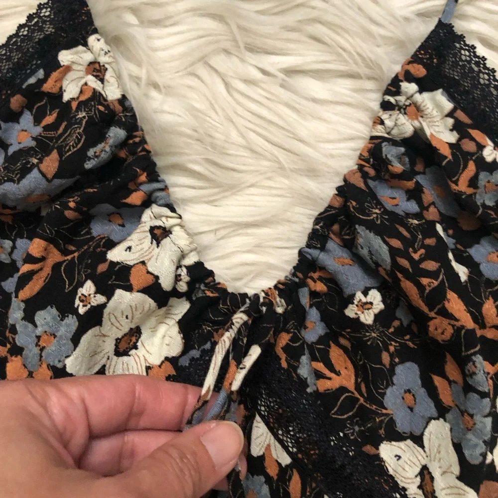 Free People All I Wanted Lace Floral Ditsy Black Brown Maxi Slip Dress size S